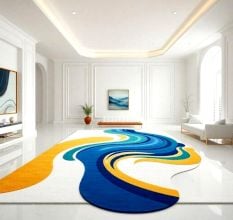 Handcrafted Blue Yellow Wave Living Room Rug